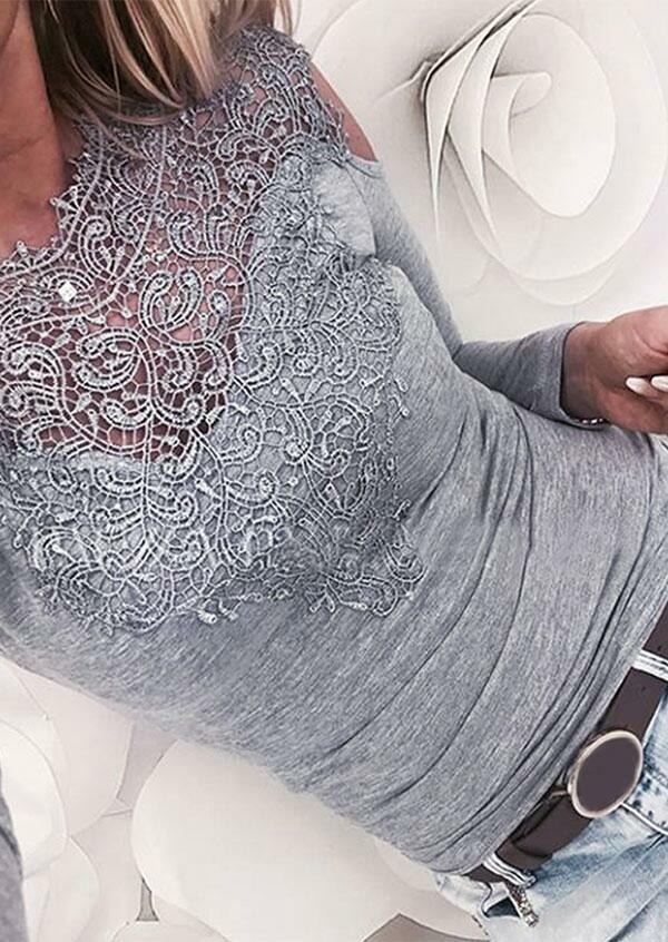 

Solid Lace Splicing Cold Shoulder Blouse, Gray;pink, 171298