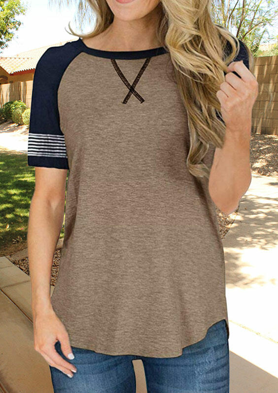 

Striped Splicing O-Neck T-Shirt Tee - Brown, 462214