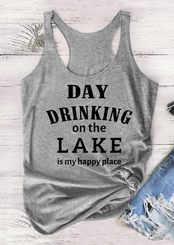 Tank Tops Day Drinking On The Lake Casual Racerback Tank Top in Gray. Size: L,M