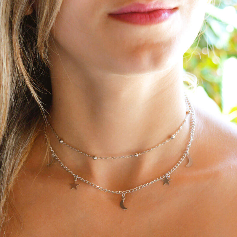 

Necklaces Moon Star Pendant Dual-Layered Necklace. Size, Silver