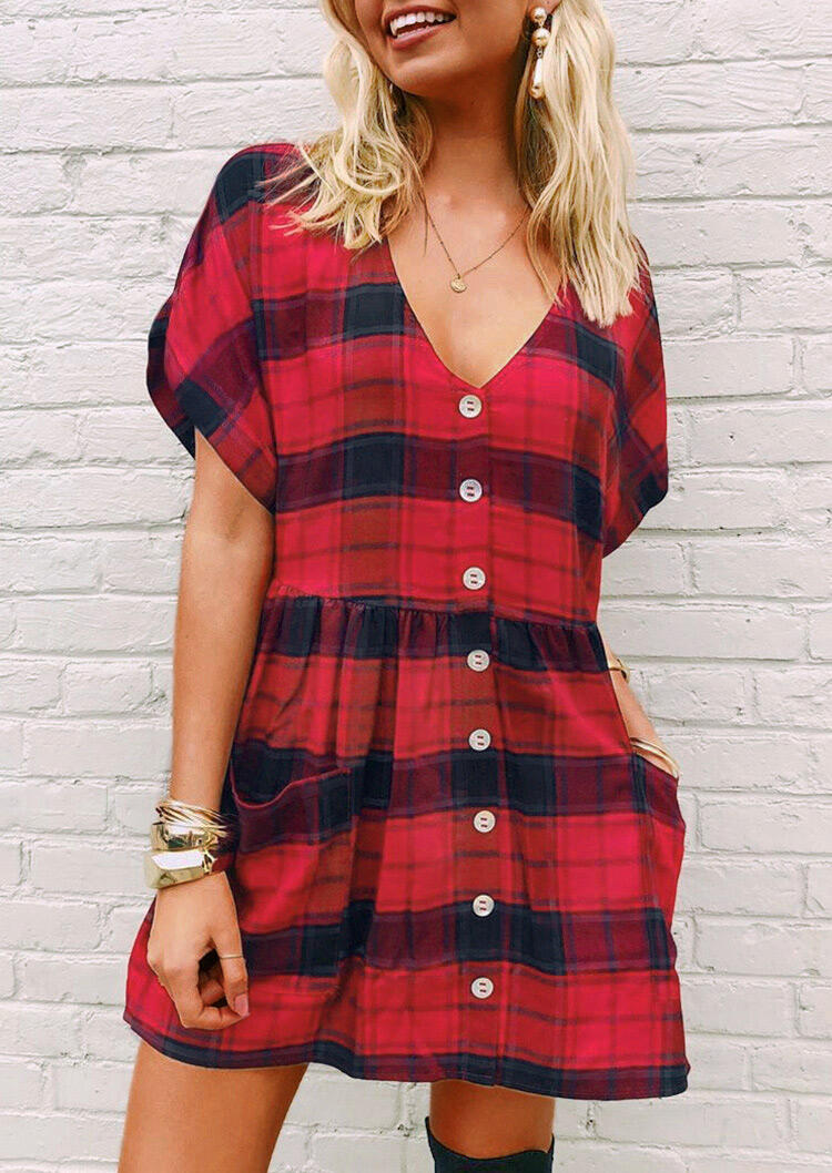 

Plaid Pocket Button Mini Dress without Necklace - Red, 462188