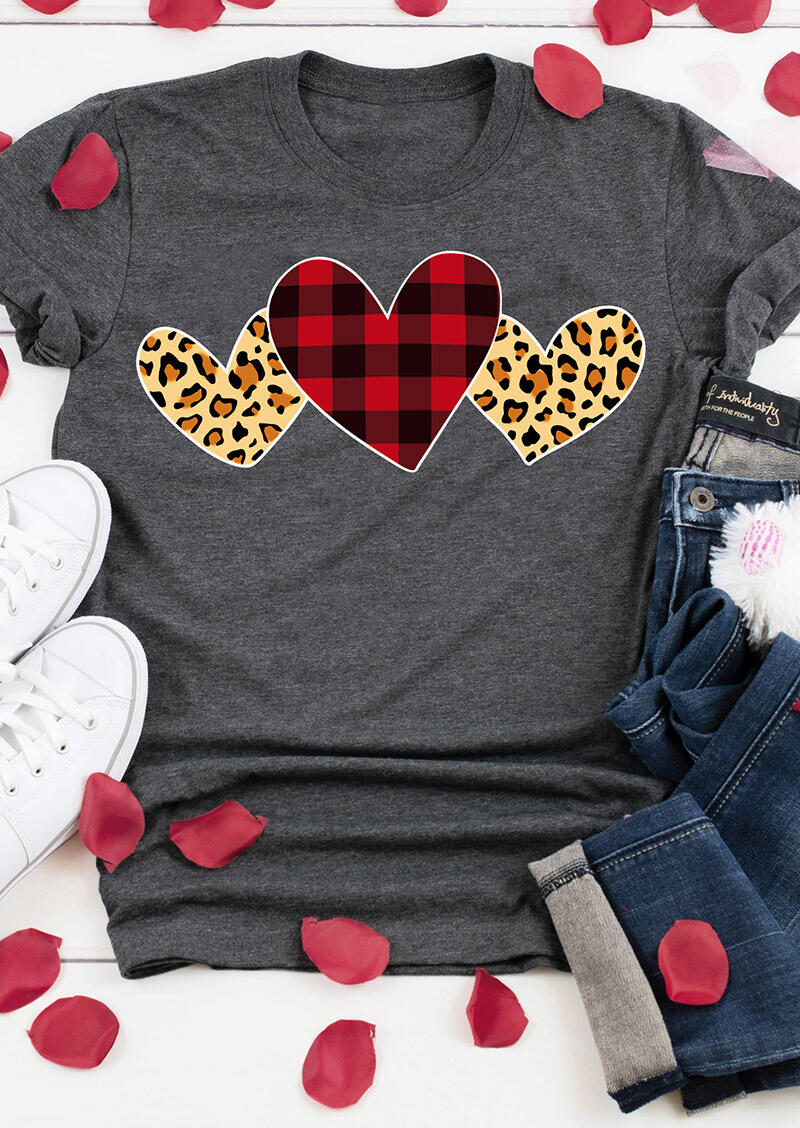 Plaid Leopard Printed Heart T-Shirt Tee – Dark Grey