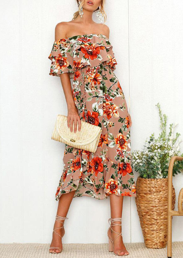 

Floral Off Shoulder Casual Dress - Light Coffee, Lightcoffee, 464146