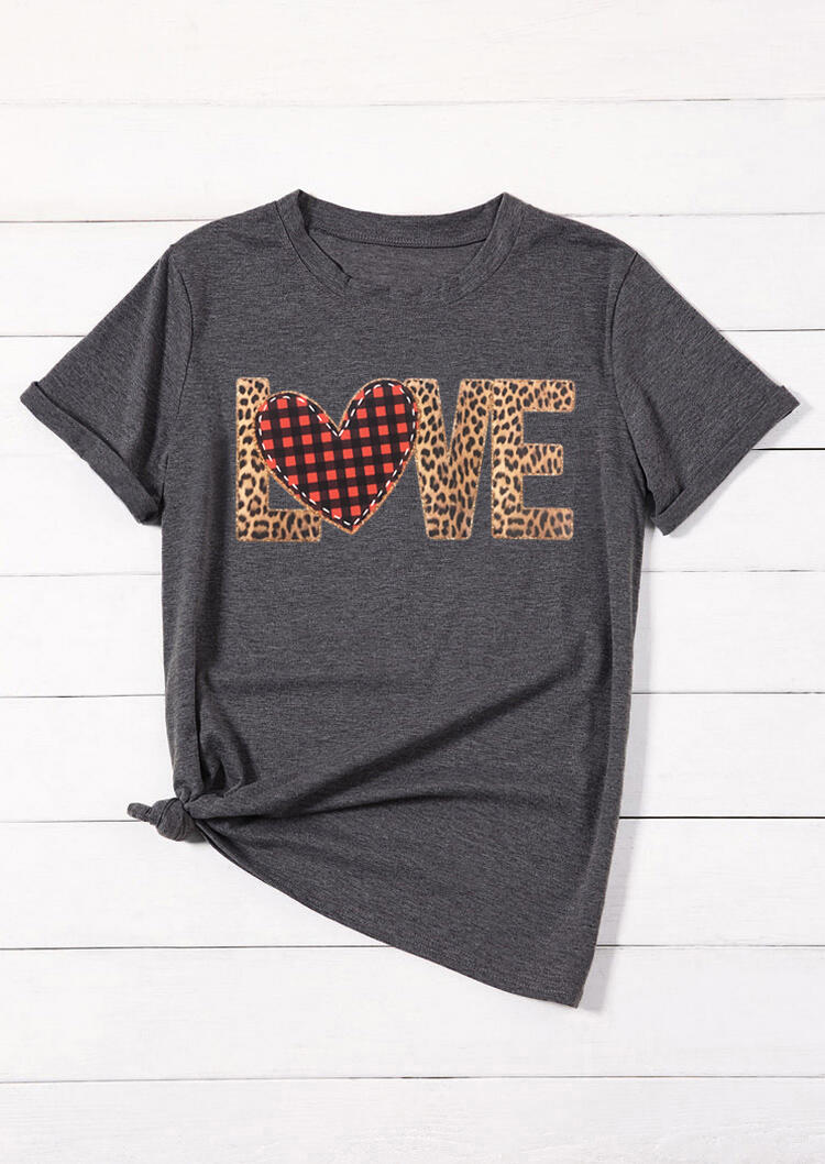 Plaid Leopard Printed Love Heart T-Shirt Tee - Gray