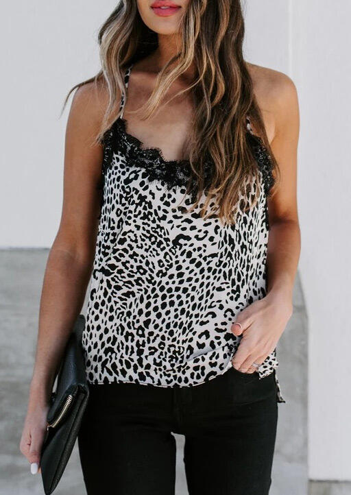 

Tank Tops Leopard Printed Lace Splicing Camisole. Size: ,XL