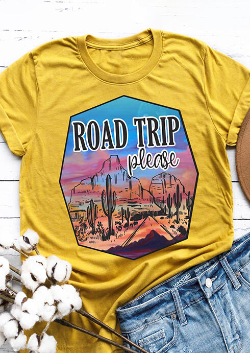 

Tees T-shirts Road Trip Please Cactus T-Shirt Tee in Yellow. Size: S,M