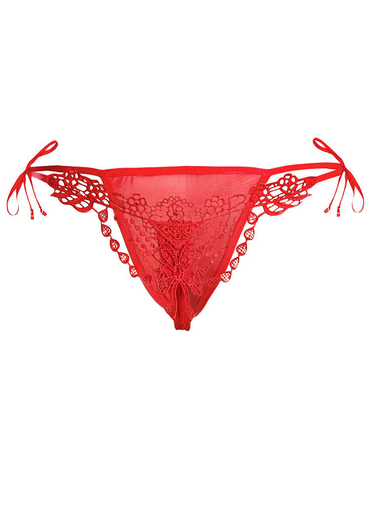

Embroidered and Beaded Thong Lace Floral Panties in Red. Size