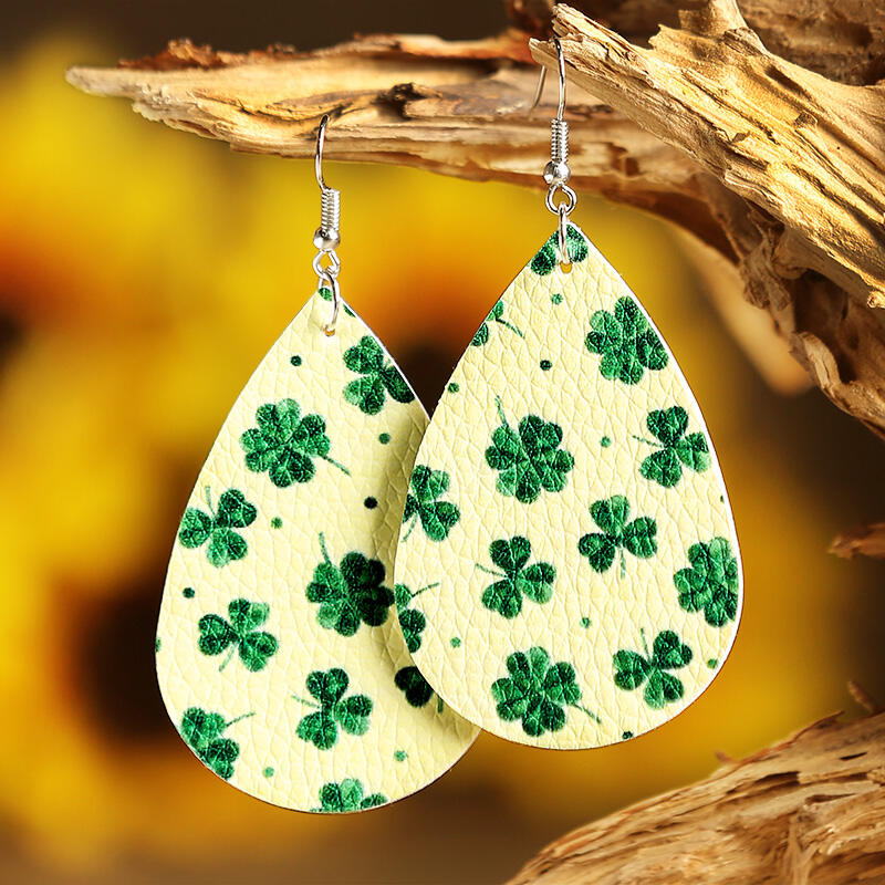 

St. Patrick's Day Lucky Shamrock PU Leather Earrings - Light Yellow, 464190