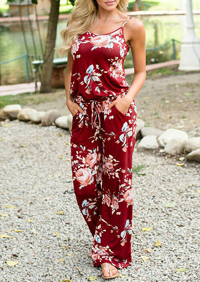 

Jumpsuits & Rompers Floral Drawstring Pocket Spaghetti Strap Jumpsuit in Burgundy. Size: S,M