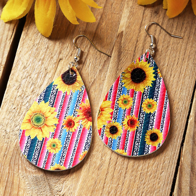 

Sunflower Striped PU Leather Earrings, #1;#2, 461777