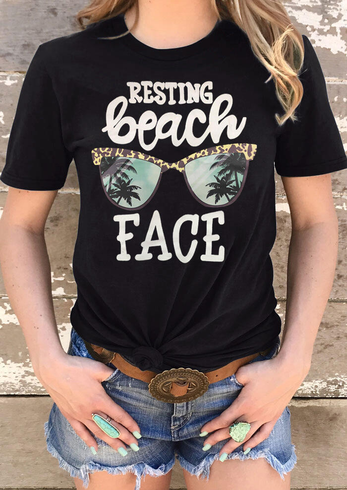 

Leopard Printed Resting Beach Face T-Shirt Tee - Black, 462090