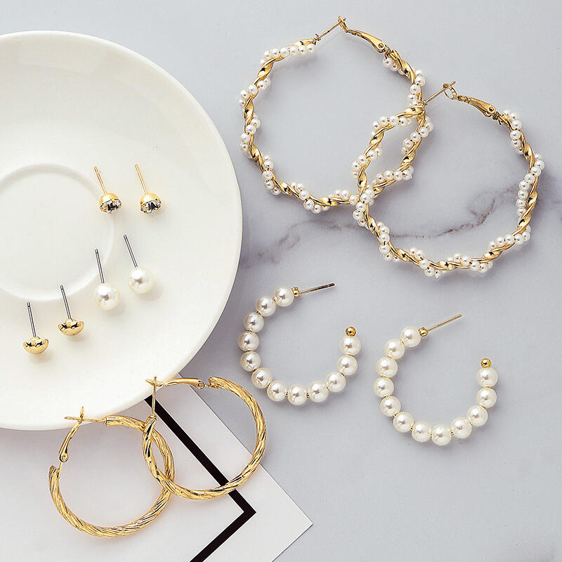 

6 Pairs/Set Fashion Circle Acrylic Pearl Rhinestone Earrings, Gold, 463662