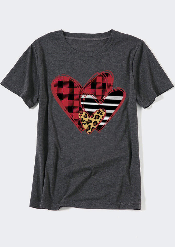 Striped Plaid Leopard Heart T-Shirt Tee - Dark Grey