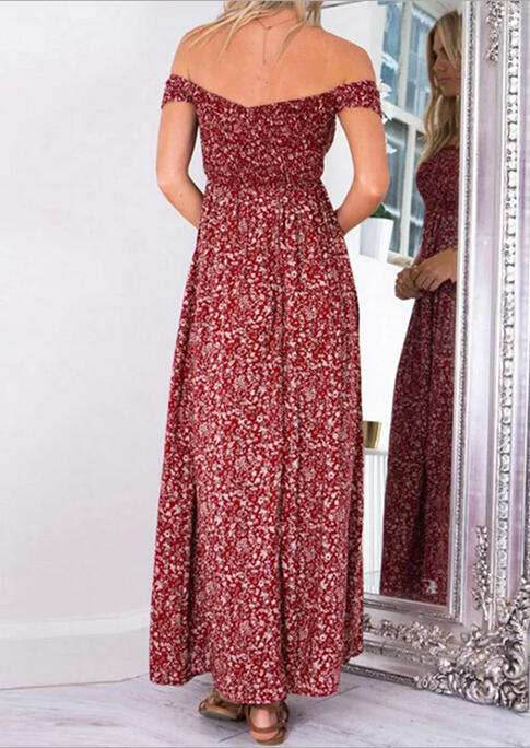 

Maxi Dresses Floral Off Shoulder Slit Maxi Dress without Necklace in Red. Size