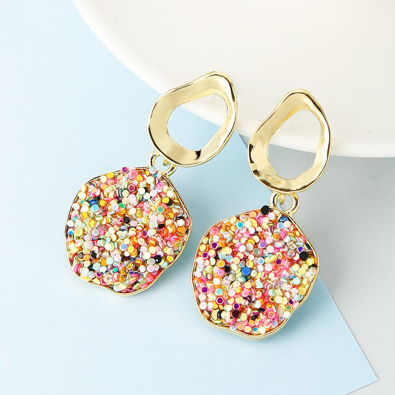 

Colorful Gravel Round Pendant Earrings, Gold, 463123