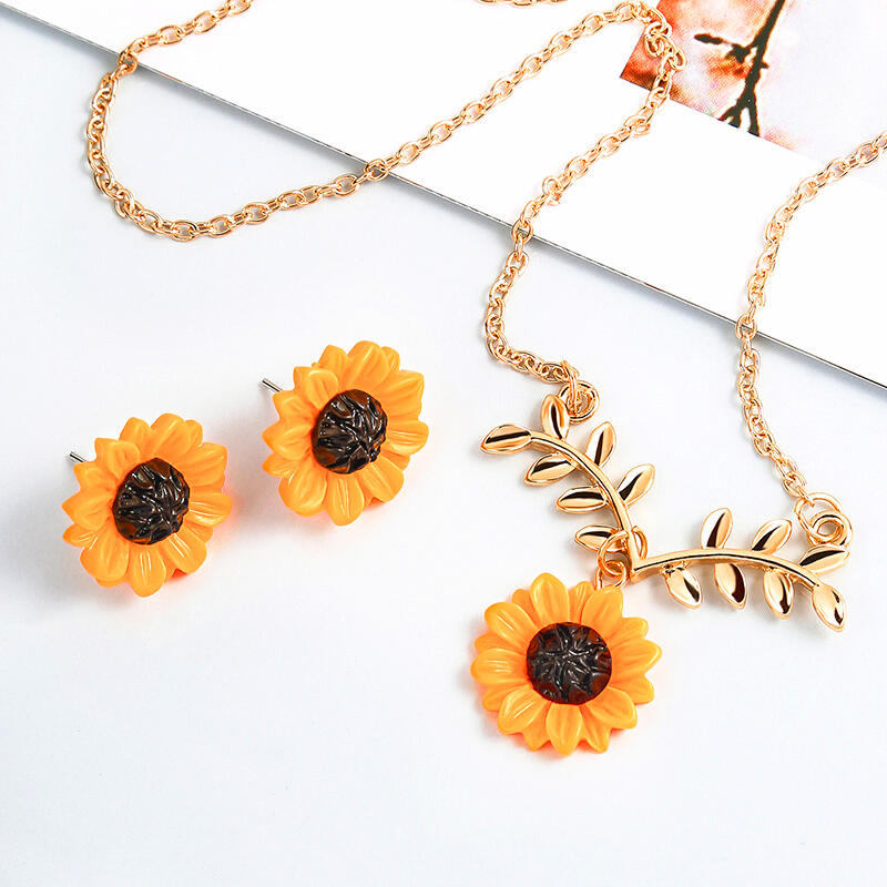 

3 Pieces/Set Women's Sunflower Necklace and Earrings Set, Yellow, 461742