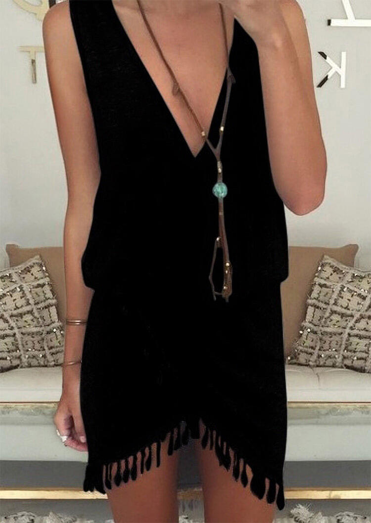 

Mini Dresses Tassel Irregular Ruffled Mini Dress without Necklace in Black. Size