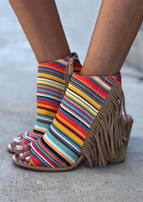 

Colorful Striped Fringe Zipper Peep Toe Heel Sandals - Multicolor, Multi, 454062