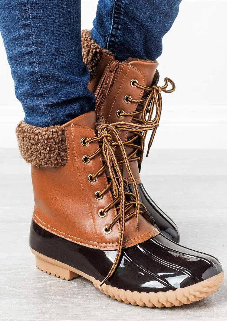 

Boots Color Block Lace Up Round Toe Zipper Boots. Size: ,39,40, Brown