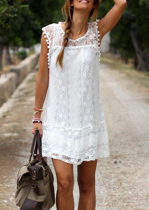 

Solid Lace Tassel Splicing Mini Dress - White, 50142