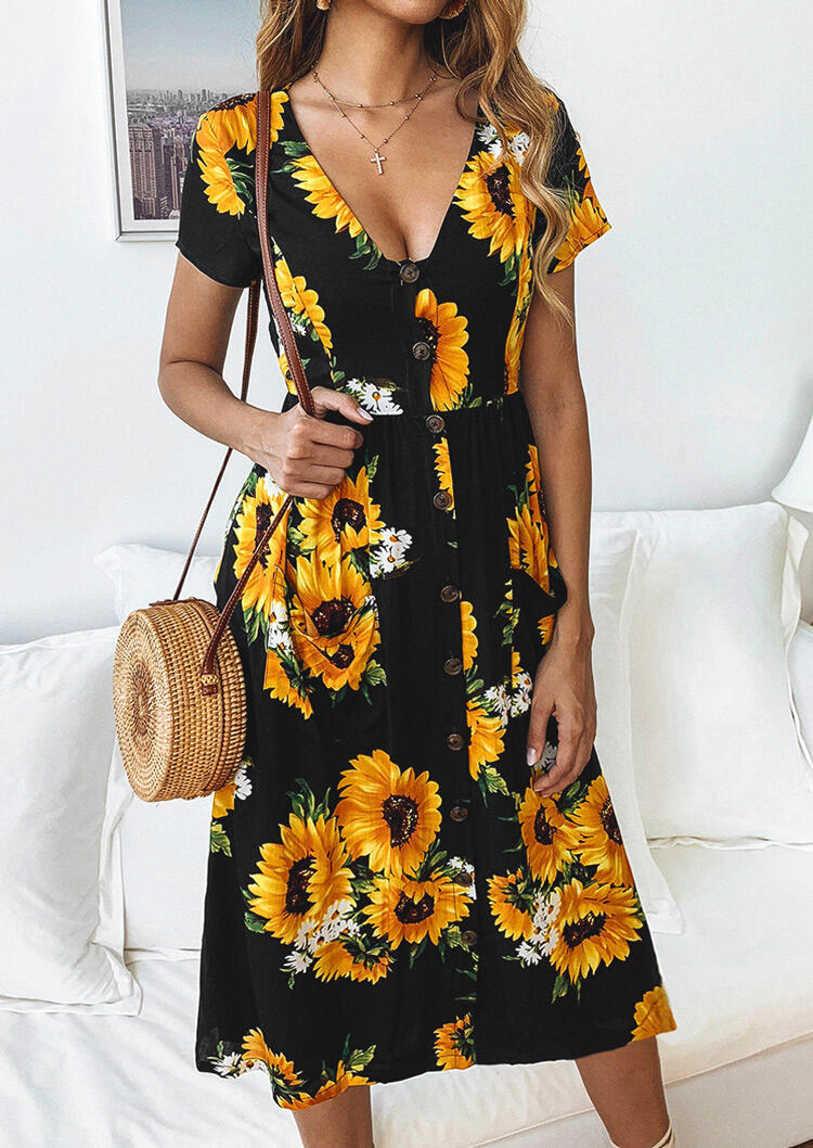 

Presale - Sunflower Button Casual Dress without Necklace - Black, 465062