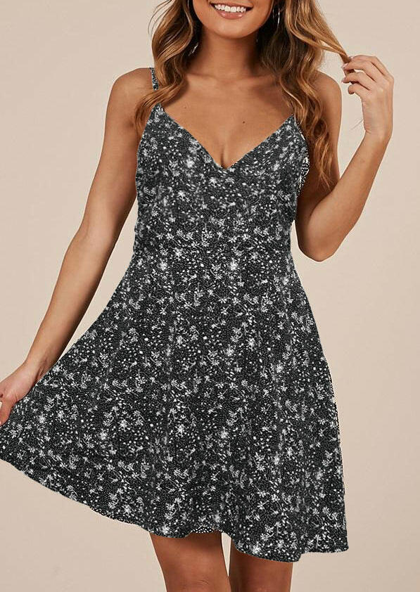 

Floral V-Neck Spaghetti Strap Mini Dress - Black, 465076