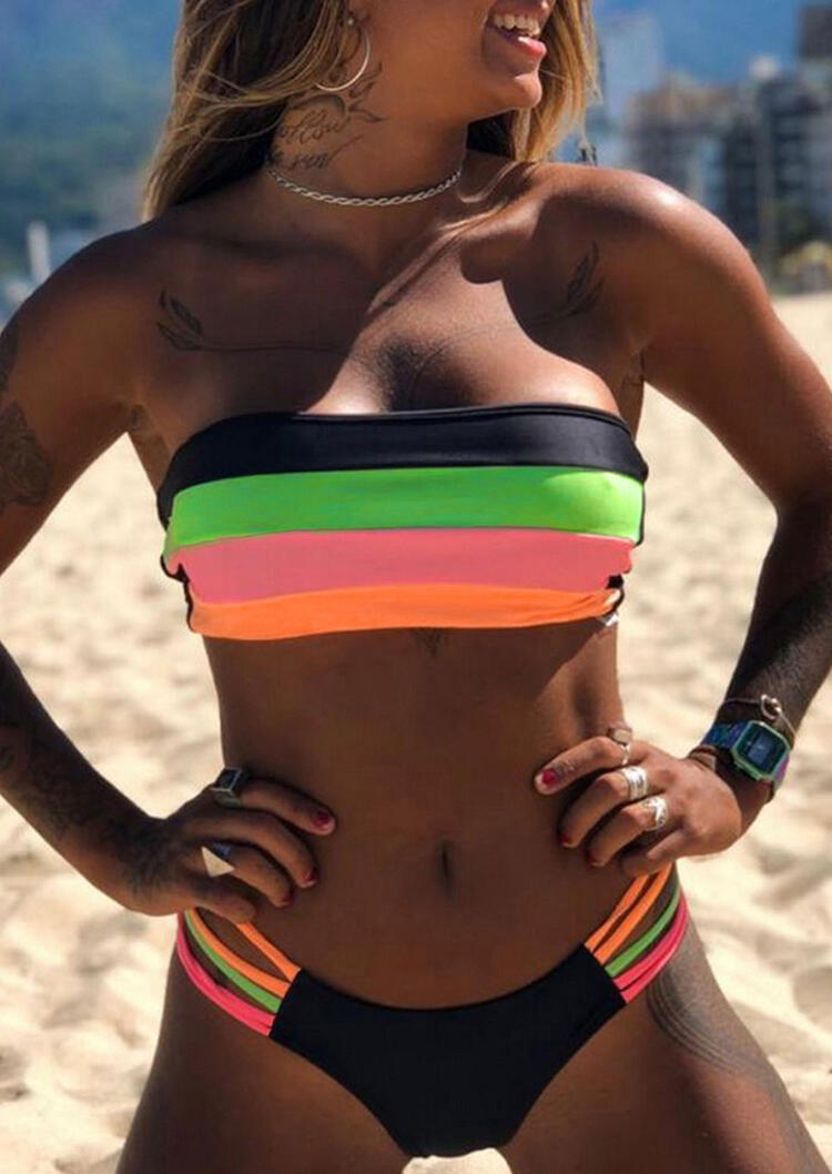 

Green Pink Black Color Block Striped Hollow Out Bandeau Bikini Set, Multicolor