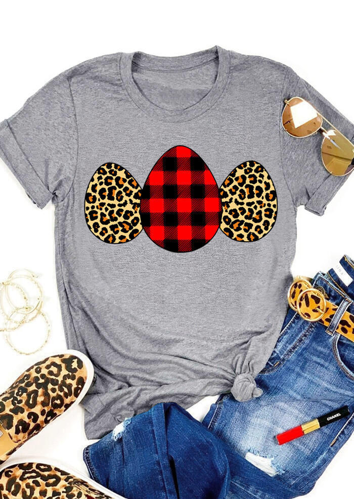 

Plaid Leopard Printed Easter Eggs T-Shirt Tee - Gray, 465160
