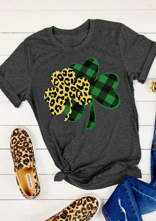 

Plaid Leopard Printed Lucky Shamrock T-Shirt Tee - Dark Grey, 465112