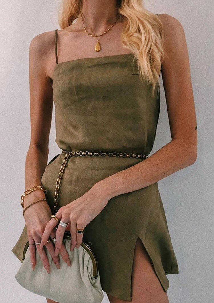 

Presale - Spaghetti Strap Slit Mini Dress without Belt - Army Green, 465224