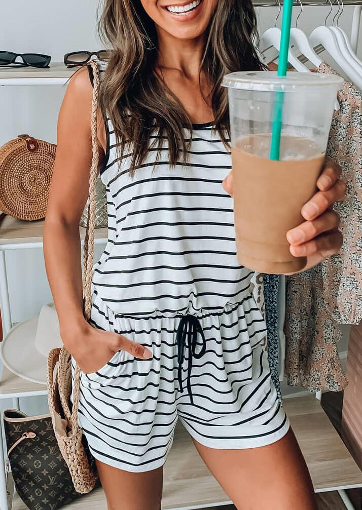 

Presale - Striped Pocket Drawstring Tie Romper, Stripe, 465278