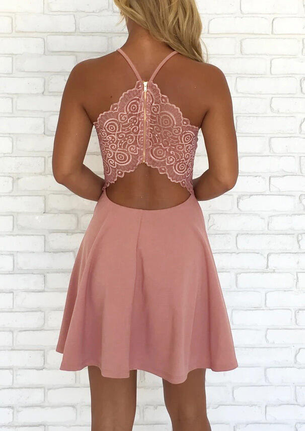 Mini Dresses Lace Splicing Open Back Zipper Mini Dress in Pink. Size: XL