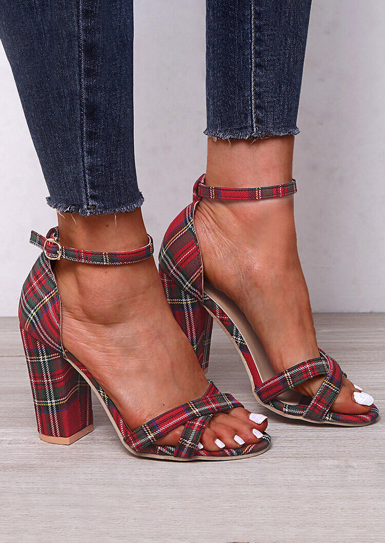 

Plaid Printed Criss-Cross High Heeled Sandals, Red, 465282