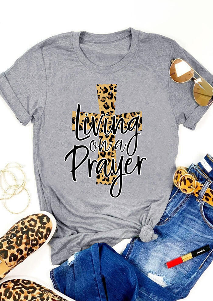 

Tees T-shirts Living On A Prayer Cross Leopard Printed T-Shirt Tee in Gray. Size