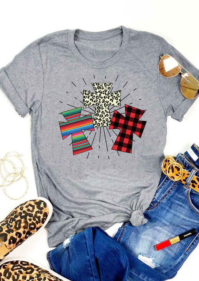 

Plaid Striped Leopard Printed Cross T-Shirt Tee - Gray, 465313