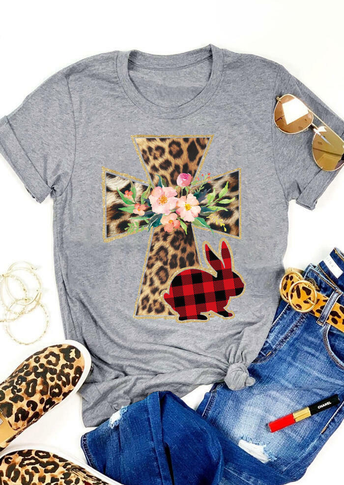 

Easter Bunny Plaid Leopard Printed Cross T-Shirt Tee - Light Grey, 465323