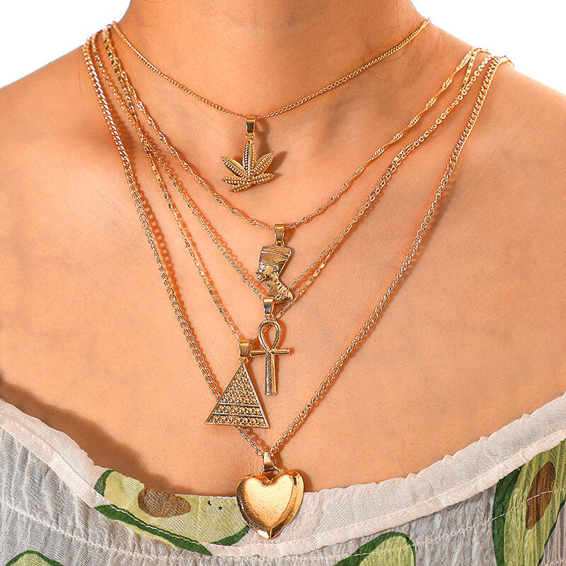 

Triangle Love Heart Cross Multi-Layer Alloy Necklace, Gold, 465369