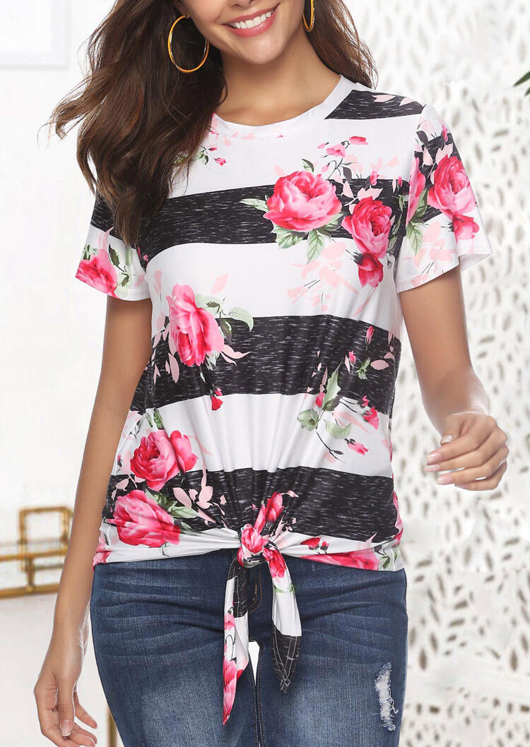 

Floral Striped Splicing Tie T-Shirt Tee, Stripe, 465388