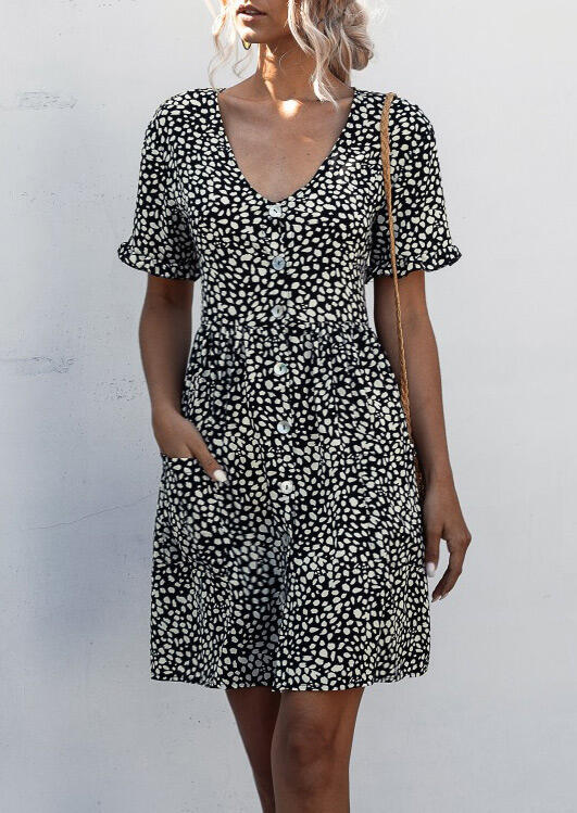 

Printed Button Pocket Mini Dress - Black, 465440