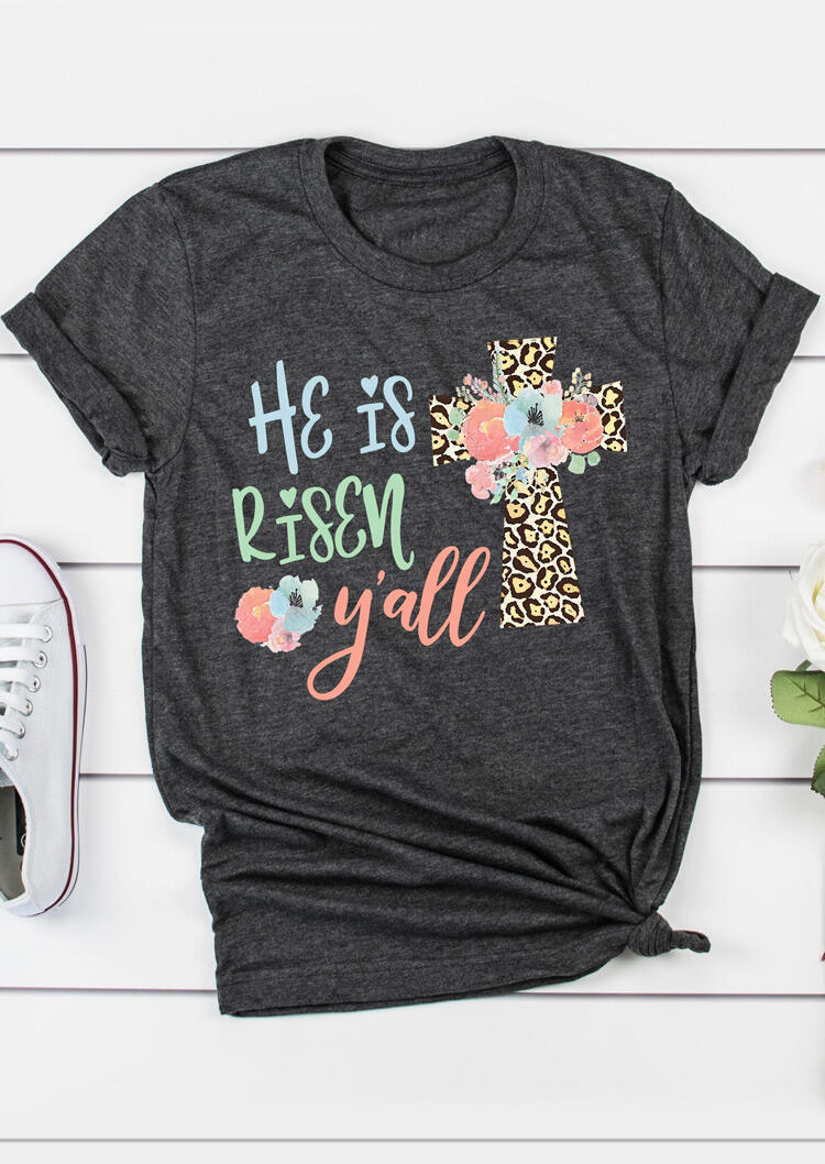 

Easter Day He Is Risen Y'all Cross Floral Leopard Printed T-Shirt Tee - Dark Grey, 465464