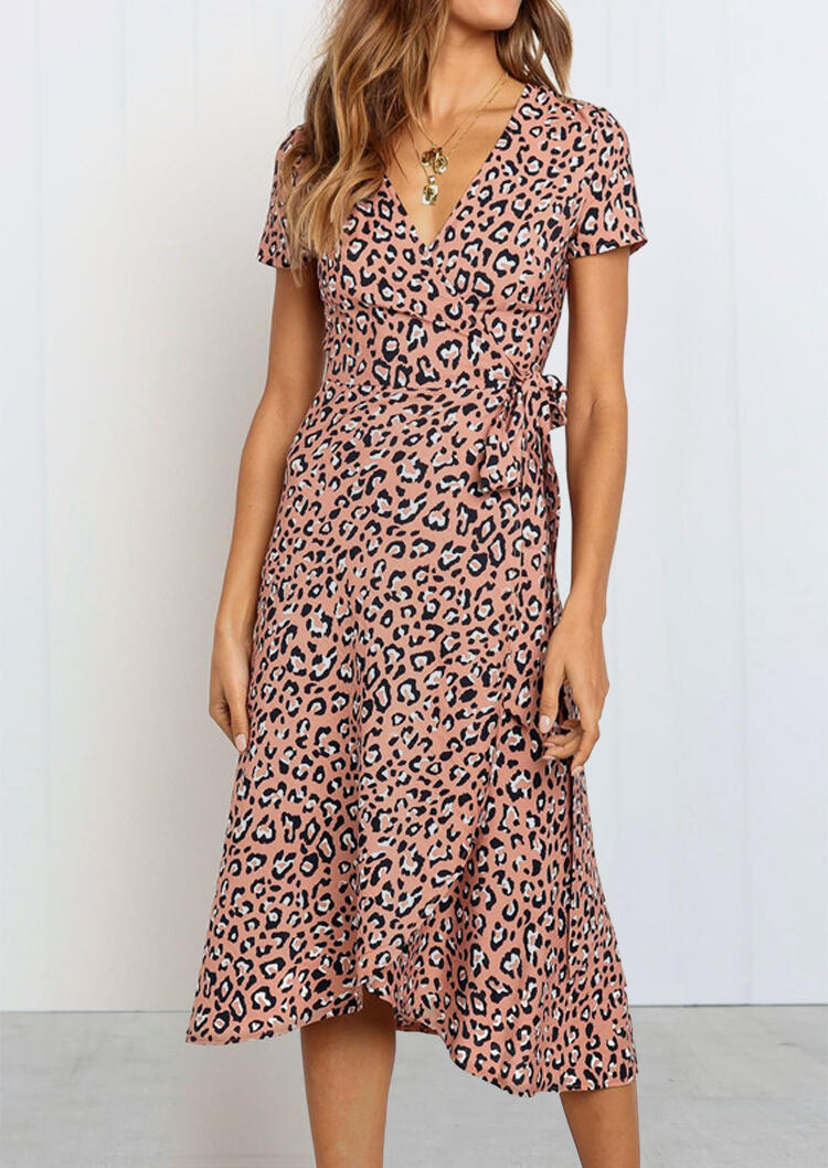 

Leopard Tie V-Neck Casual Dress without Necklace, 465589