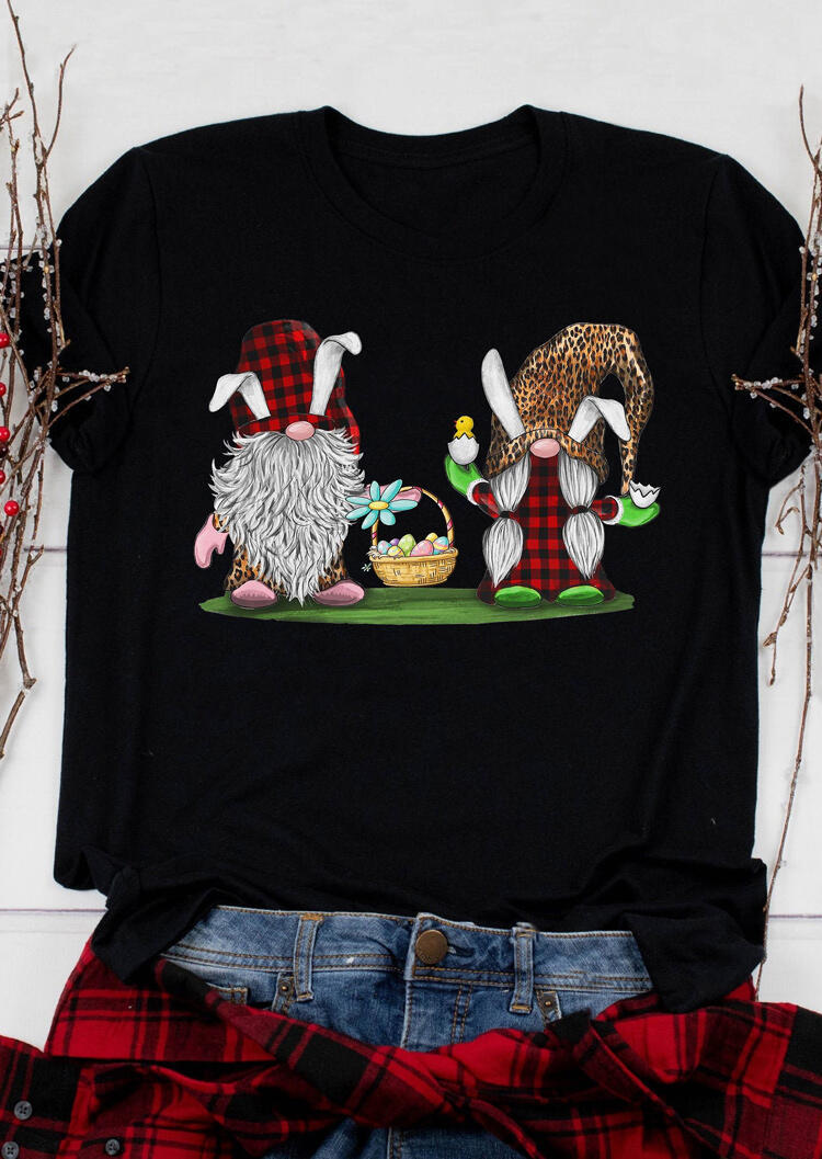 

Presale - Easter Eggs Gnomies Plaid Leopard Printed T-Shirt Tee - Black, 465609