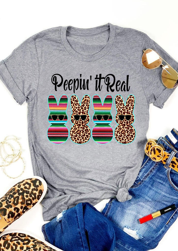 

T-shirts Tees Peepin' It Real Easter Bunnies Leopard Printed Splicing T-Shirt Tee in Gray. Size: ,M,L,XL