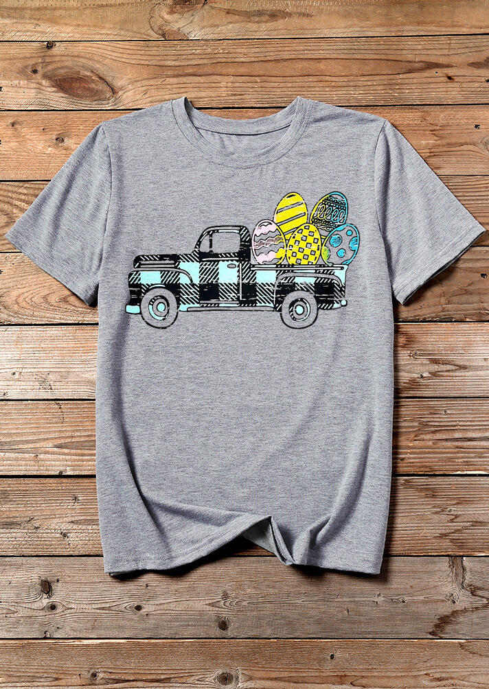 

Easter Eggs Plaid Printed Splicing T-Shirt Tee - Gray, 465650