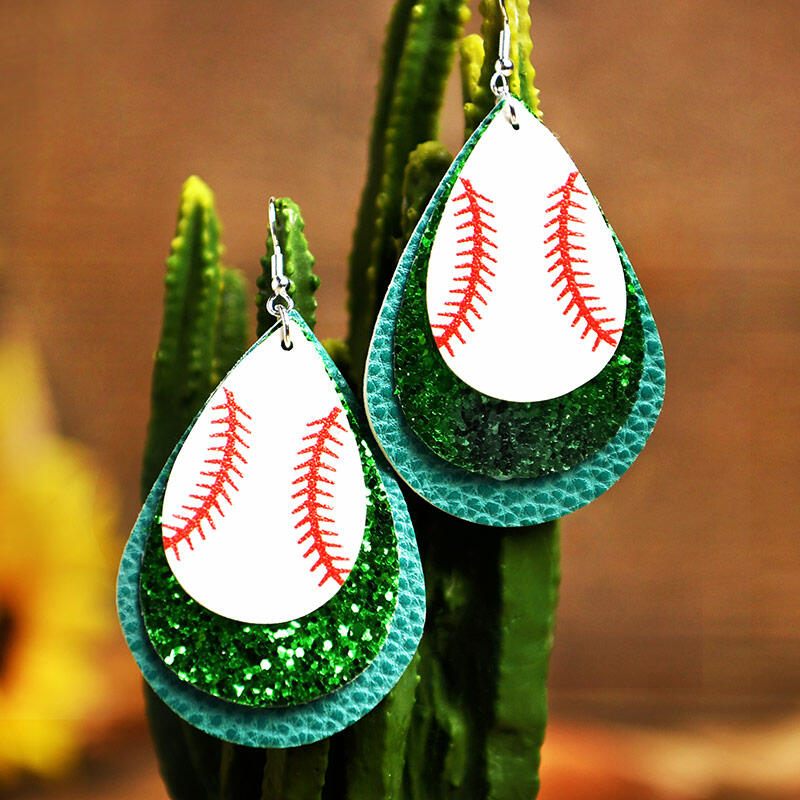 

Sequined Baseball Three-Layered PU Leather Earrings, Green;royal blue, 465654