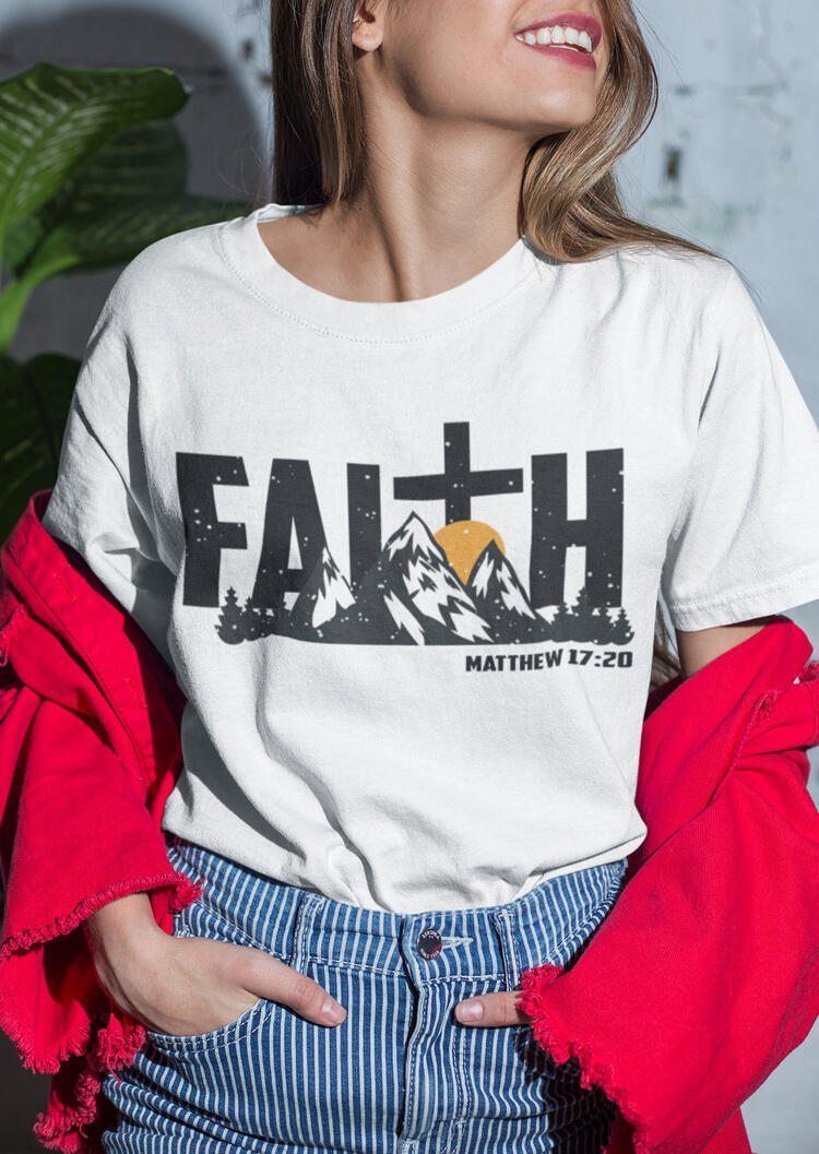 

Presale - Faith Mountain Cross O-Neck T-Shirt Tee - White, 465664