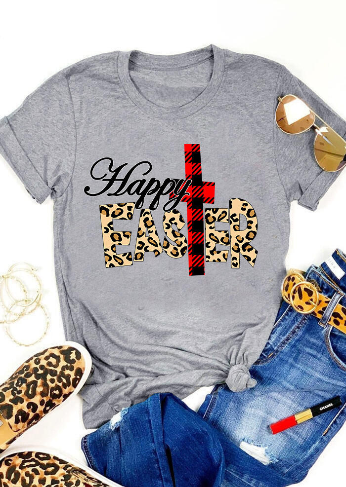 

Presale - Happy Easter Cross Plaid Leopard Printed T-Shirt Tee - Gray, 465718