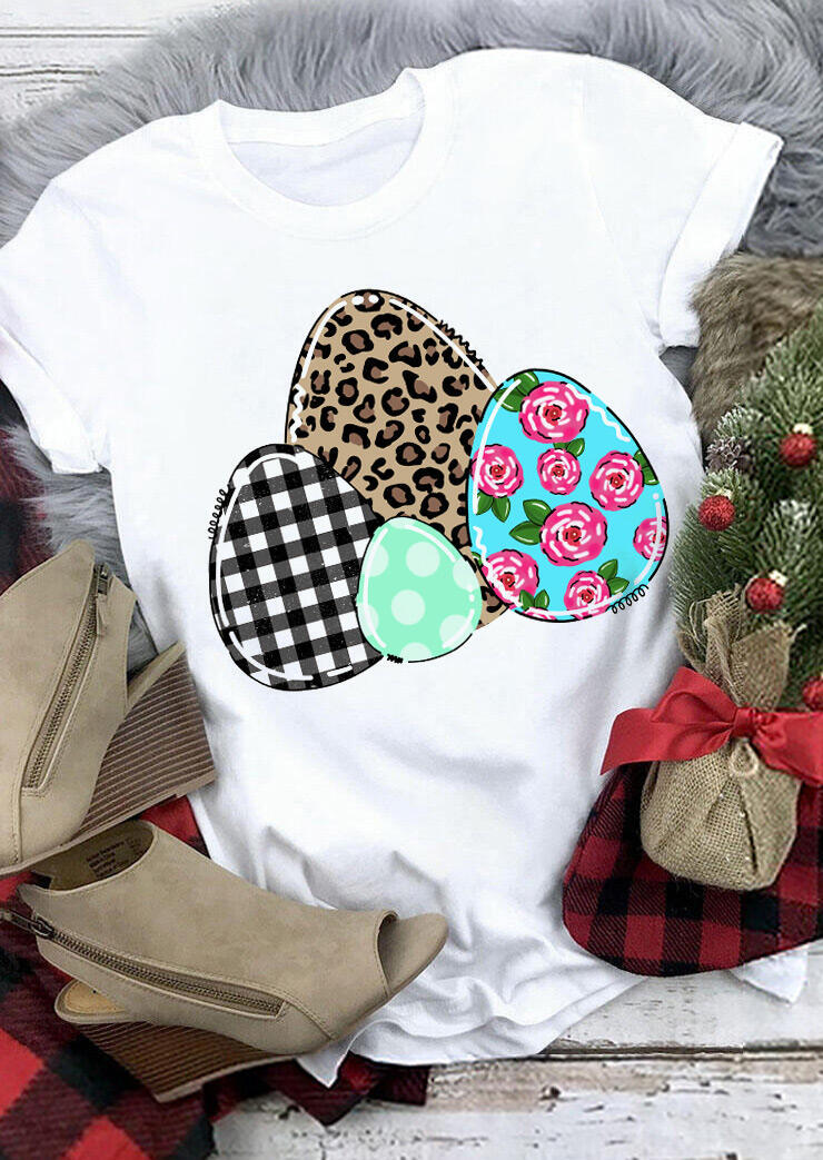 

Presale - Plaid Leopard Printed Floral Easter Eggs T-Shirt Tee - White, 465725