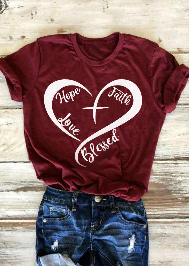 

Hope Faith Love Blessed T-Shirt Tee - Burgundy, 465726