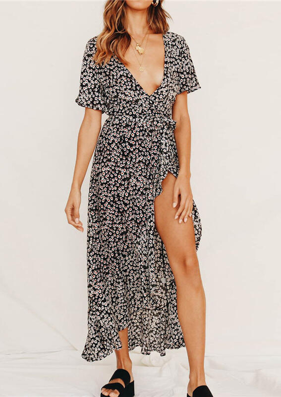

Floral Slit Asymmetric Maxi Dress without Necklace - Black, 465758